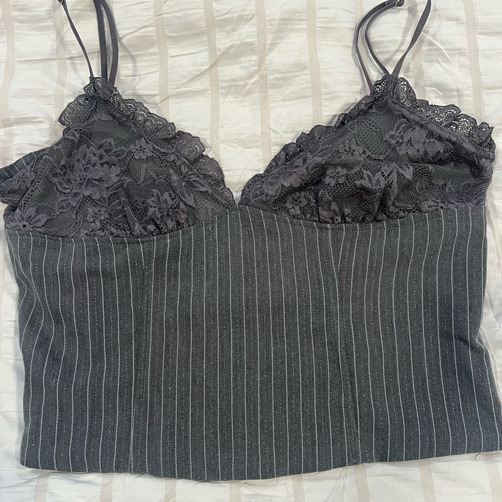 REVOLVE Gray Lace Striped Top